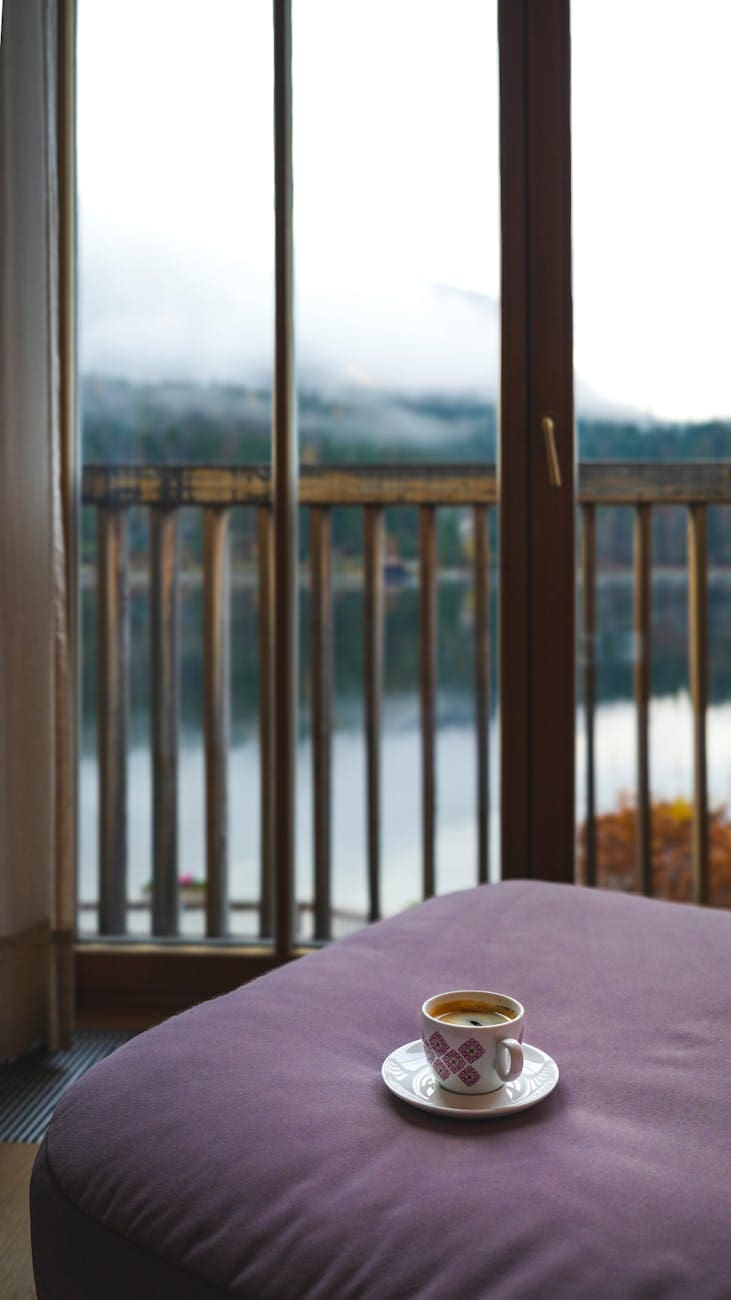 cozy morning coffee with scenic lake view